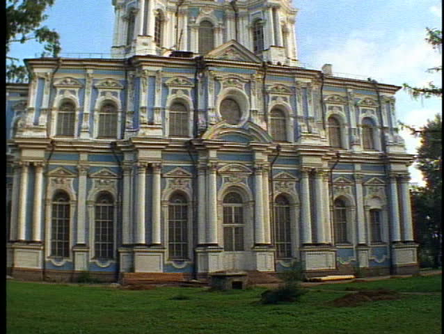 RUSSIA, 1999, St. Petersburg, Russia, Smolny Cathedral, blue and white, tilt up