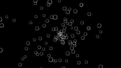 A lot of little soap bubbles fly from centr of screen. 4K seamless loop animation on black background. Can be use with any footage by doing a composite add as decoration. Bubble bursting motion