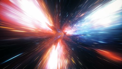 Abstract jump in space in hyperspace among stars and flying in the wormhole