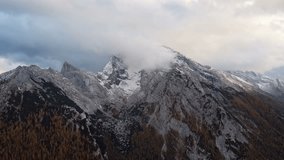 Aerial time lapse near Watzmann and Hochkalter mountains, Ramsau, Berchtesgaden, Germany