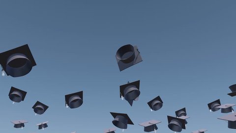 Graduation - 3D flying hats towards the sky. Virtual graduation stay home concept.