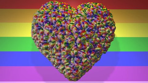 Gay Pride Love Hearts spinning on rainbow background 3d render.