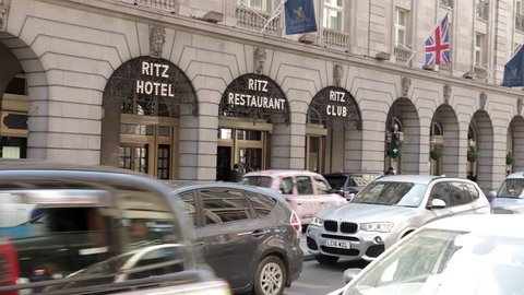 London, England - May 2018: Heavy, slow moving traffic in front of the Ritz Hotel in Piccadilly.
