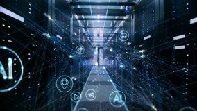 The Concept of: Digitalization of Information Stream Moving Through Rack Servers in Data Center. Interconnected Threads Connect User Data by Icons, Tags and Interests. Shot on RED EPIC-W 8K Camera. - Powered by Shutterstock - Get 15% off with code: PIKWIZARD15