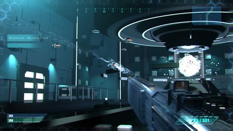 Mock-up of the Sci-Fi First Person Shooter. 3D Game Walkthrough, FPS with Gun on a Spaceship, War Against Flying Robots.
