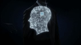 Businessman touching CPU chip circuit board, connected human head shape, 4K - Powered by Shutterstock - Get 15% off with code: PIKWIZARD15
