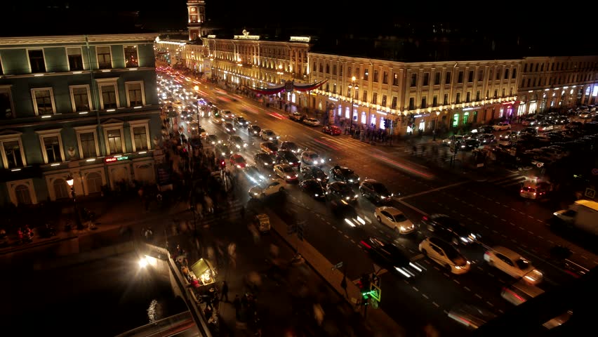 Night time traffic. Nevsky Prospect is the main street in the city of St. Petersburg, Russia