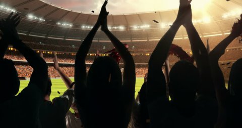 Fans clapping hands to cheer their favorite sports team on the stands of the professional stadium while the sun shines. Stadium is made in 3D and animated.