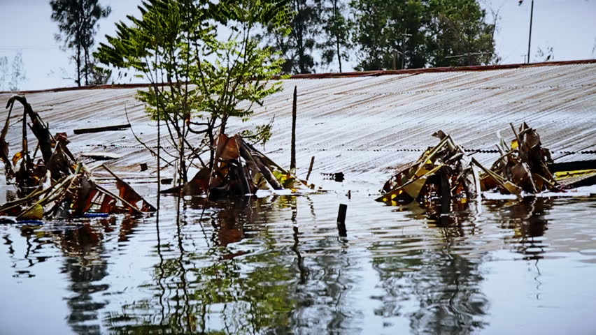 Flood at building, Severe flooding occurred during the 2011 monsoon season in Thailand ,overflow water around City and road  in Bangkok, Thailand