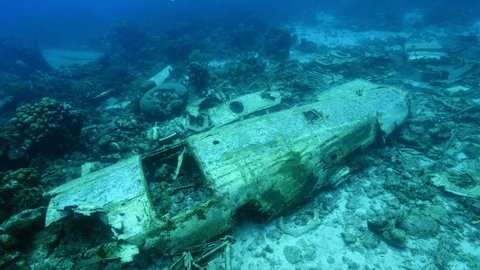 Plane wreck as a part of the coral reef in the Caribbean Sea around Curacao with blue background
