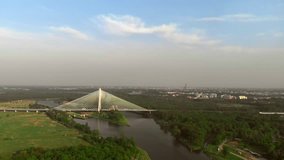 Redzinski Bridge in Wroclaw. Odra river, summer / 4K Drone Video
