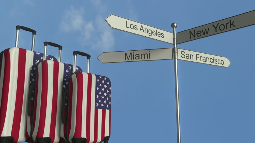 Travel baggage featuring flag of the United States, airplane and city sign post. American tourism conceptual animation