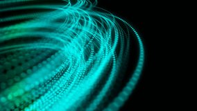 Abstract moving dot line lighting pattern blue and green gradient color circle shape, fiber optic network concept design glowing in the dark background, seamless looping animation 4K with copy space