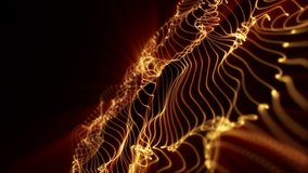 Abstract loopable Gold cg motion waving dots texture with glowing defocused particles. Cyber or technology digital landscape background. 3840x2160 4k uhd