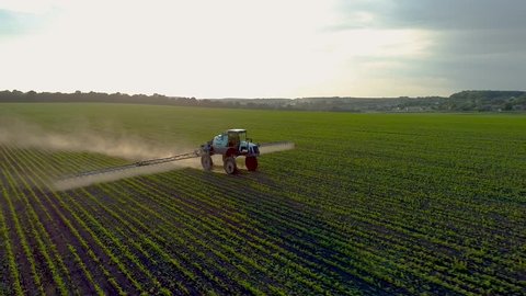 4K aerial drone footage. Tractor sprayer on soybean fields at sunset