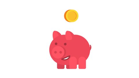Piggy bank runs, stops and coins falling into it. Alpha channel. Motion Graphics. 2D Animation.