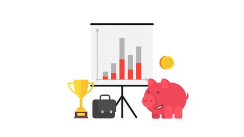 Piggy bank cup suitcase flip chart. Business concept. Alpha channel. Motion Graphics. 2D Animation.
