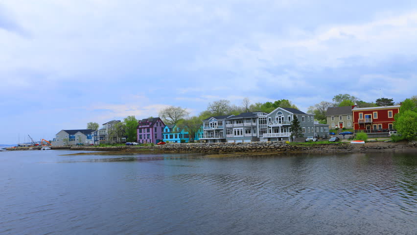 Timelapse of colorful buildings of Mahone Bay, Nova Scotia 4K