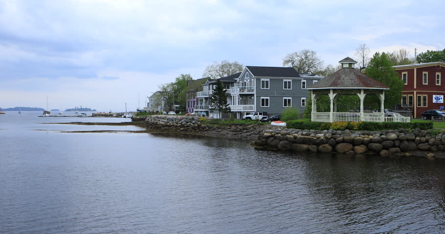 View of colorful buildings of Mahone Bay, Nova Scotia 4K