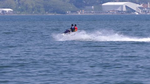 Toronto, Ontario, Canada June 2018 Jet ski boats on the water on hot summer day in city of Toronto