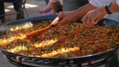 Making a Popular Paella in Spain. Close Up.