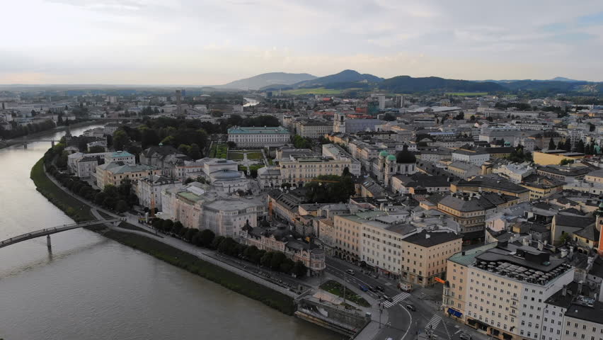 Aerial view of old historic city of Salzburg, Salzach River - landscape of Austria from above, Europe