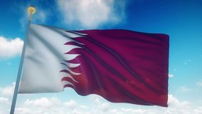 Qatar Flag Waving 3D Rendering Blue Sky Background - Seamless Loop 4K