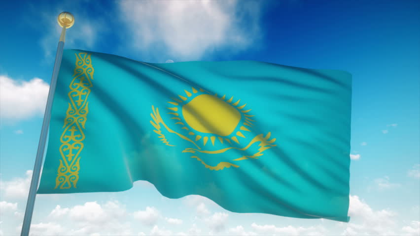 Kazakhstan Flag Waving 3D Rendering Blue Sky Background - Seamless Loop 4K