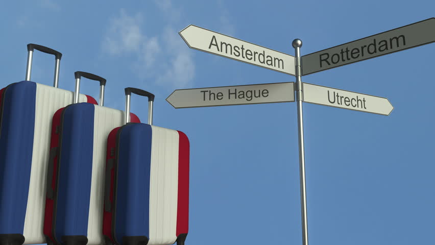 Travel baggage featuring flag of the Netherlands, airplane and city sign post. Dutch tourism conceptual animation