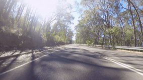 Vehicle POV, driving along Mount Lofty Summit Road, Adelaide Hills, South Australia, with lens flare through trees.