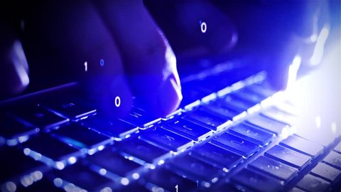 Blue Digital binary code flies over keyboard while typing. Internet user create traces. Data is tracked by scripts and spyware tools. Analyzed by tech companies and collected in big data information.