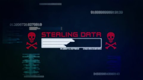 Dark blue abstract computer interface background showing a status bar with red stealing data text and a skull. Text and code is generated from infected internet server system of the world wide web.