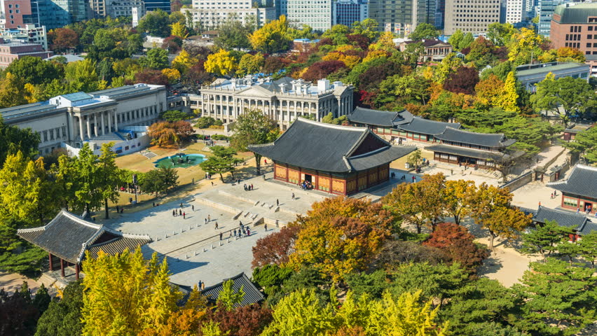 Timelapse of Deoksugung royal palace and Seoul City Hall in Seoul,South Korea.
