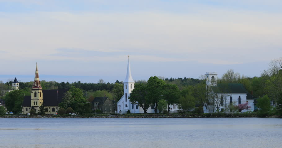 View of the three churches of Mahone Bay, Nova Scotia 4K