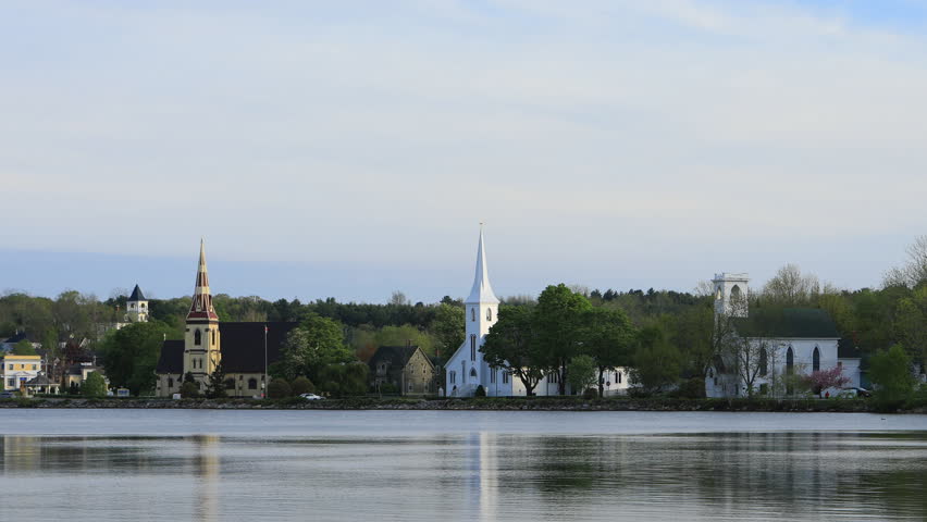 Timelapse of the three churches of Mahone Bay, Nova Scotia 4K