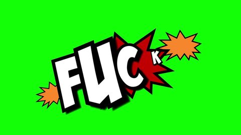 A comic strip speech cartoon animation with an explosion shape. Words: Cock, Wank, Fuck. White text, red and yellow spikes, green background.
