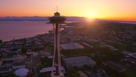 Seattle Space Needle Twilight Aerial View
Seattle, Washington/USA - May 22,  2018:
Space Needle