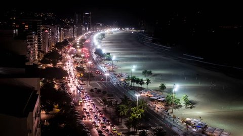 Time Lapse Of Night Traffic On Copacabana beach, viewed from above, Rio de Janeiro, Brazil