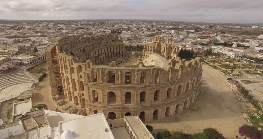 Aerial view of ruins of the biggest coliseum El Jem. Tunisia. | Shutterstock HD Video #1012041002