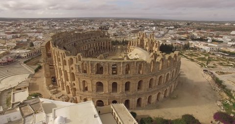 Aerial view of ruins of the biggest coliseum El Jem. Tunisia.