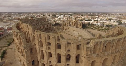 Beautiful aerial view of ruins of the biggest coliseum El Jem in Tunisia.