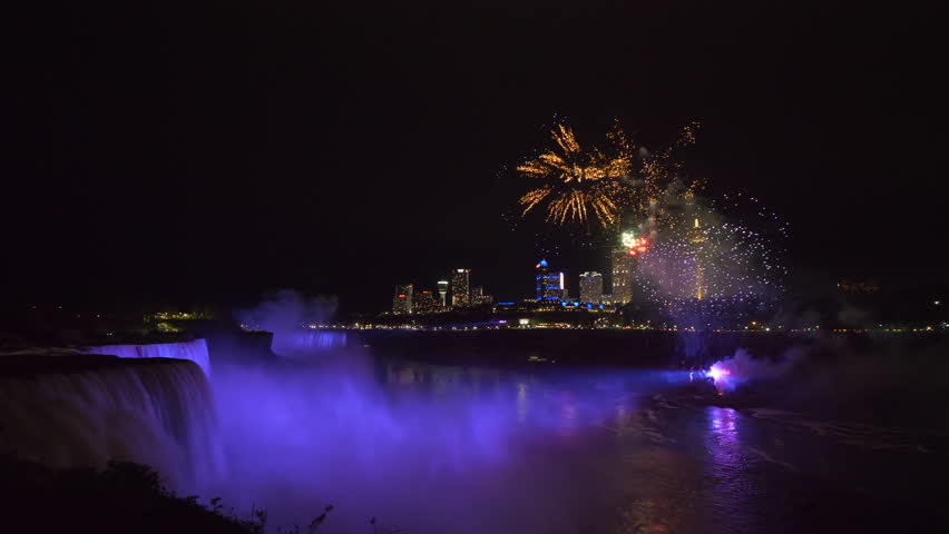 4k footage of Niagara Falls at night with fireworks.