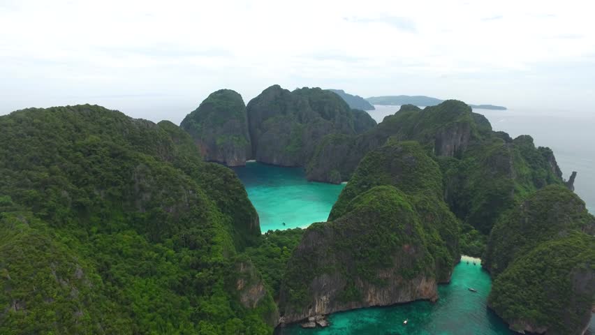 Aerial view of iconic tropical Maya Bay,Phi Phi islands, Thailand Royalty-Free Stock Footage #1012048673