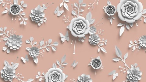 3d render, animation of growing flowers, floral background, blooming paper flowers, botanical pattern, paper craft, nude pink pastel color, 4k hd
