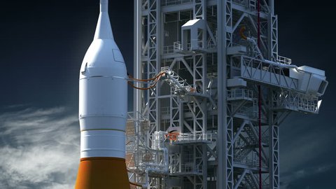 Space Launch System On Launch Pad. Realistic 3D Animation. 4K. Ultra High Definition. 3840x2160.