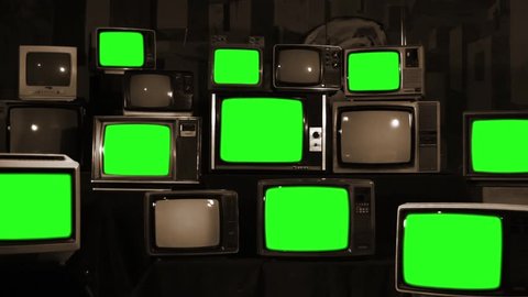 Retro TVs turning on Green Screens. Sepia Tone. Zoom In. You can Replace Green Screen with the Footage or Picture you Want with “Keying” effect in AE or any other software (check out tutorials). 