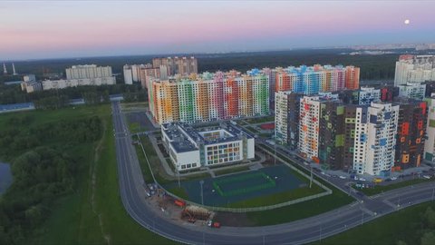 MOSCOW, RUSSIA - MAY 29, 2018: New colorful apartment district . The view from the height. Late bright summer evening