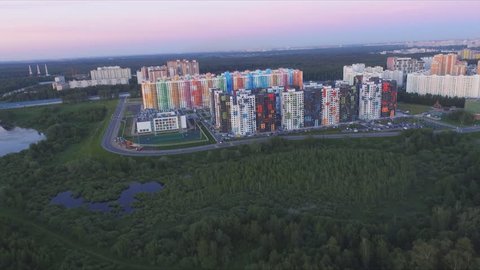 MOSCOW, RUSSIA - MAY 29, 2018: New colorful apartment district . The view from the height. Late bright summer evening