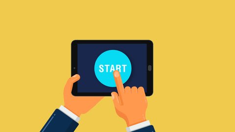 Animation of START. Alpha channel. Horizontal and vertical orientation of tablet. Appears hand with a tablet, click, press button START and disappears away. Can use for presentation or any beginning