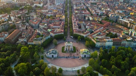 sunny evening milan city park aerial panorama 4k timelapse italy